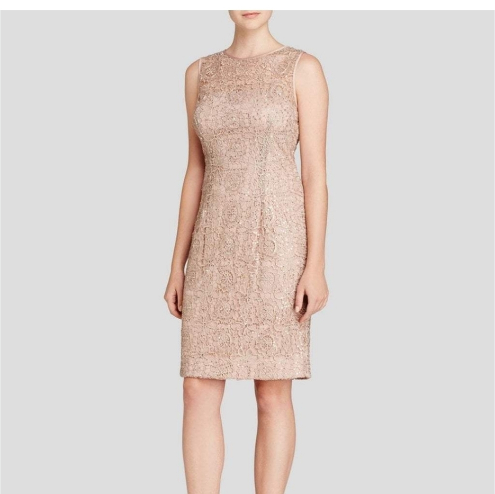 Size 14 rose gold blush sequin crochet lace sheath cocktail dress Adrianna Papel